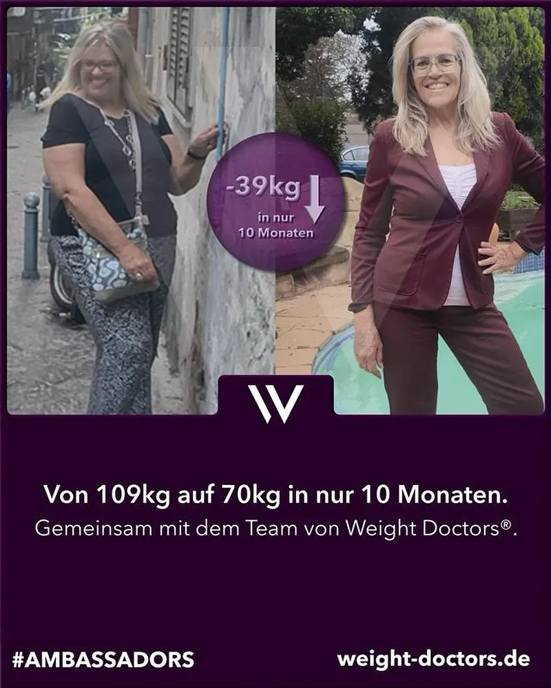Weight Doctors® Vorher-Nachher: Patientin vo 109 kg uf 70 kg in zäh Mönet, zäme mit em Team vo Weight Doctors®