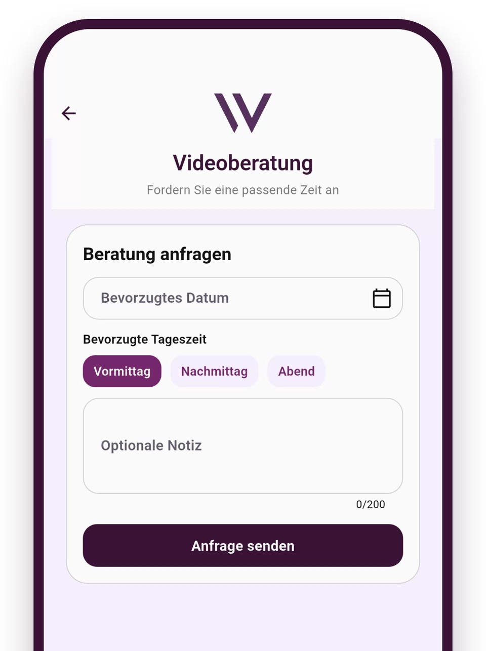 Weight Doctors® App: konzultáció kérése a kívánt dátummal, napszakkal és opcionális megjegyzéssel