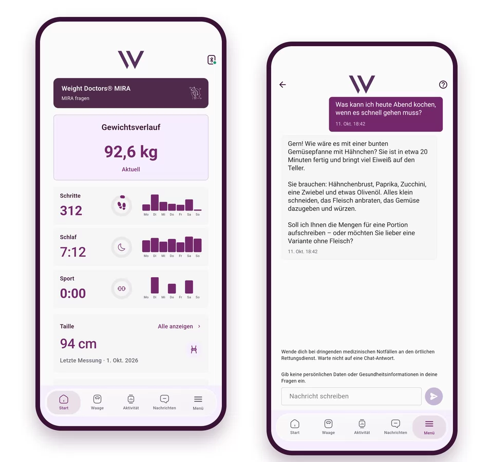 Weight Doctors® App: kezdőlap a Mirához vezető hozzáféréssel, valamint egy beszélgetés, amelyben Mira gyors vacsorát javasol