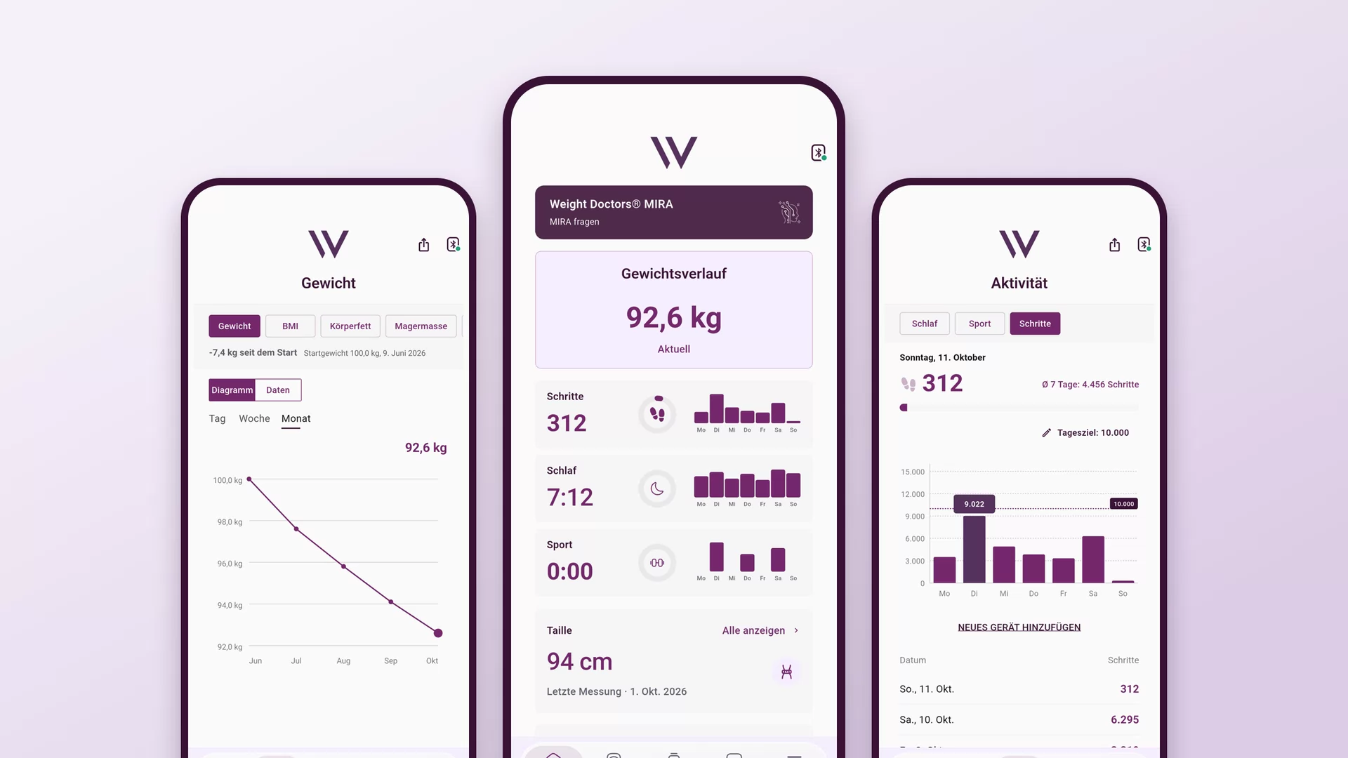 A Weight Doctors® App három nézete: testsúly alakulása, kezdőlap és aktivitás