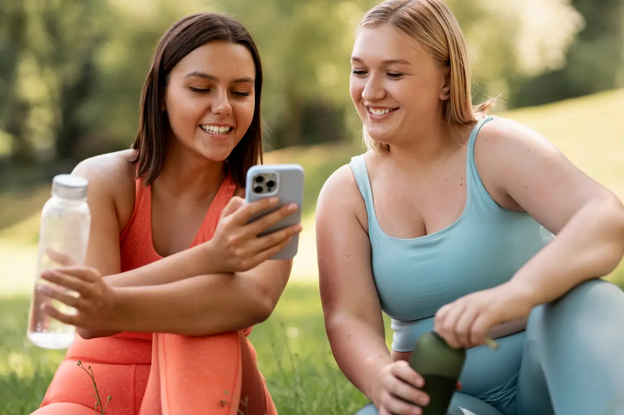 Két sportruházatos nő ül a parkban, és együtt néznek egy okostelefont